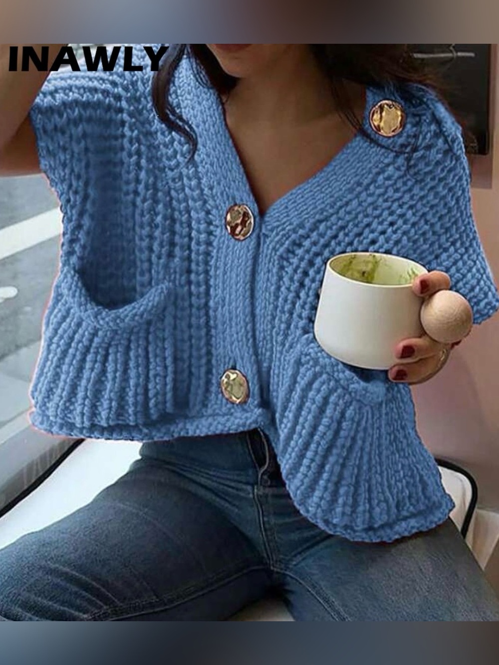 Chunky Knit Blue Button-Front Vest Sweater